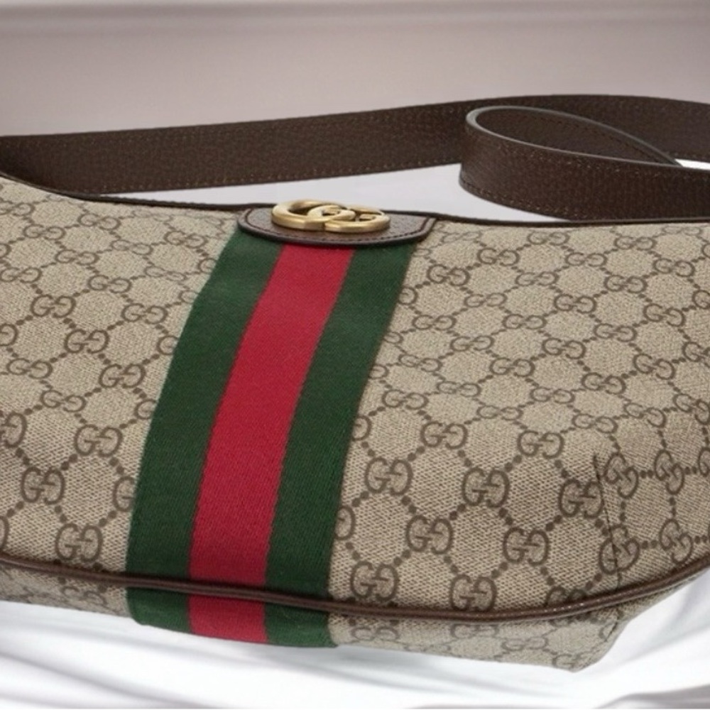 Gucci Monogram Beige and Brown Bag with Red and Green Stripe